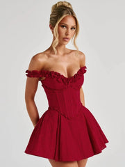 Red Off Sholder Ruffles Mini Dress