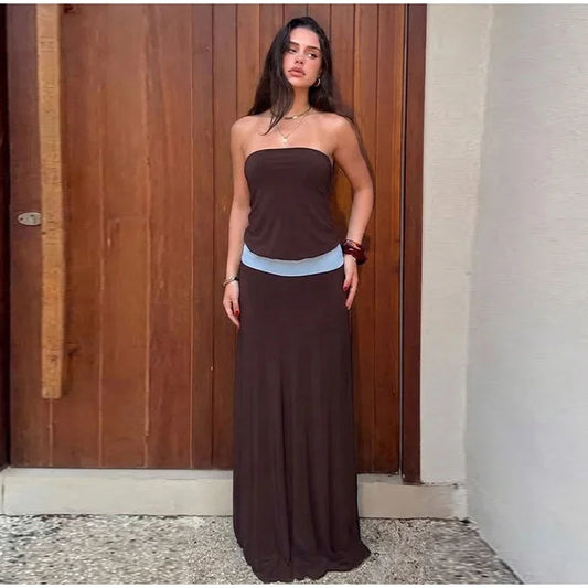 Brown Contrast Waist Cinched Strapless Long Dress