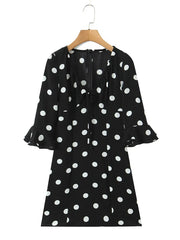 Black Polka Dot Print Three Quarter Sleeves Mini Dress