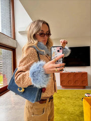 Deer Print Blue Faux Fur Cropped Jacket