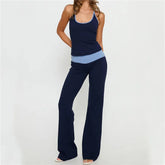 Blue Two Tone Halter Top with High Waisted Pants Set
