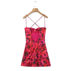 Red Floral Print Bustier Strappy Mini Dress
