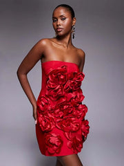 Red Strapless 3D Flower Mini Dress