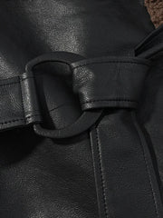 Lapel Belt Fur Lining Faux Leather Jacket