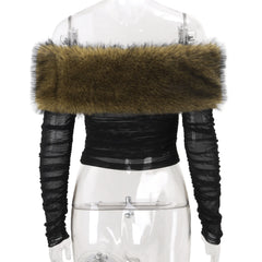Black Ruched Off Shoulder Fur Trim Top