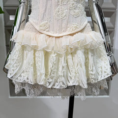 3D Floral Strap Corset Top And Elastic Waist Tiered Mini Skirt Set