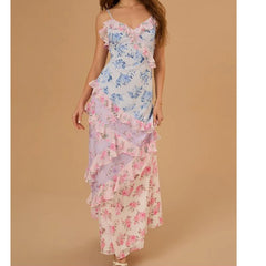 Floral Patchwork Ruffles Cami Maxi Dress