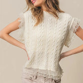 White Knit Ruffled Trim Crew Neck Top