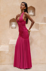 Deep Halter Neck Pleated Desgin Maxi Dress