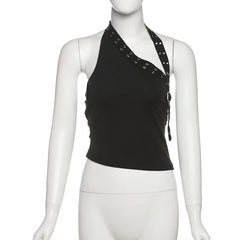 Asymmetrical Halter Slant Neck Studded Top And Low Waist Shorts with Rivets Belt Set