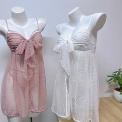 Tie Up Babydoll Mesh Dot Lace Nightdress with Panties Pajama Set