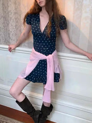 Navy Floral Print V Neck Puff Sleeve Mini Dress