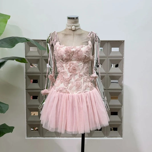 Embroidered Mesh Flower Tie Straps Tulle Mini Dress