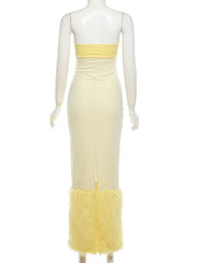 Yellow Fur Patchwork Short Jacket And Strapless Maxi Dress Set