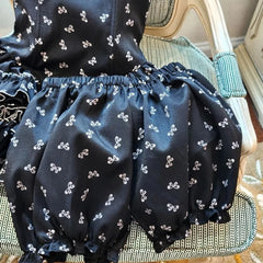 Black Square Neck Bow Printed Frill Bloomer Mini Dress