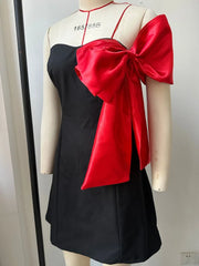 Black Strapless Red Satin Bow Mini Dress