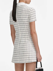 White High Collar Plaid Button Up Mini Dress