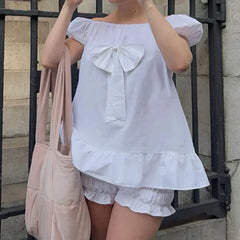 White Bow Ruffle Hem Short Sleeve Babydoll Top And Boomers Shorts Set