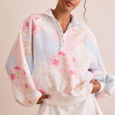 Turn-down Collar Patchwork Print Sweatshirt