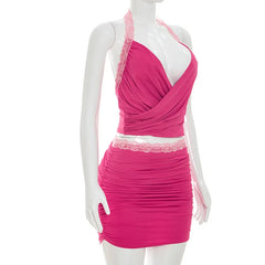Lace Trim Ruched Drape Crop Top And Mini Skirt Set