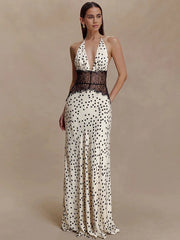 Satin Lace Patchwork V-neck Midi Dress