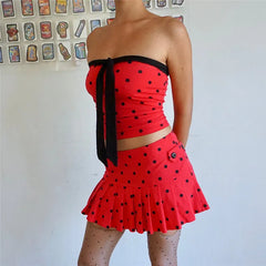 Red Polka Dot Strapless Bow Tube Top And Pleated Mini Skirt Set