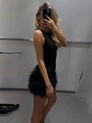 Black Feather Patchwork Mini Dress