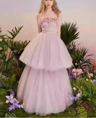 Pink 3D Flower Strapless Multi-Layer Tulle Maxi Dress