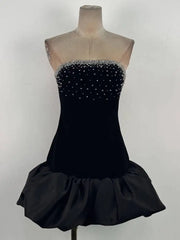 Black Velvet Rhinestone Mini Strapless Dress