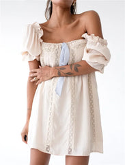 Square Neck Bow  Puff Short Sleeve Babydoll Mini Dress