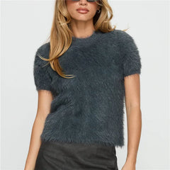 Fuzzy Cropped Short Sleeve Top