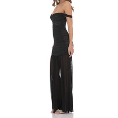 Off Shoulder Mesh Bodycon Midi Dress