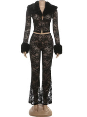 Black Lace Sheer Furry Patchwork Jacket And Pants Set