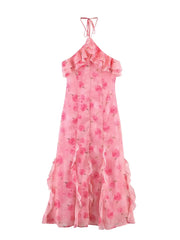 Pink Rose Print Frill Halter Midi Dress