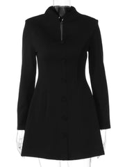 Solid V-Neck Long Sleeve High Neck Buttoned Mini Dress