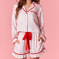 Striped Satin Bow Tie Long Sleeve Shirt And Ruffled Shorts Pajama Set