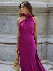 Satin Halter Drape Maxi Dress