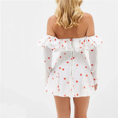 White Heart Print Off Shoulder Mini Dress