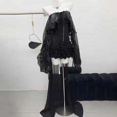 Off-Shoulder Long Sleeve Ruffles Mini Dress