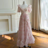 Pink Floral Square Puff Sleeve Flounced Midi Dress
