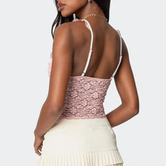 Lace See Through Cropped Ruffled Tank Top