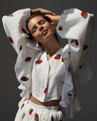 White Printed Ruffle Long Sleeve Shirt And Shorts Set