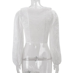 White Lace Up Tie Front Lantern Sleeve Top