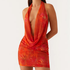 Halter Deep Neck Backless Mesh Mini Dress