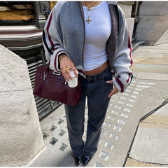 Striped Stand Collar Zip Sweater Jacket