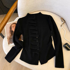 Long Sleeve Pleated Button Up Cardigan