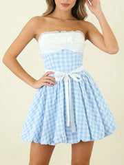 Blue Bow Plaid Short Dress