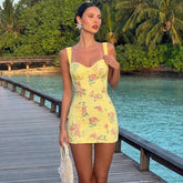 Yellow Floral Print Lace Mini Dress