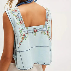Embroidery Flower Side Tie Tank Top