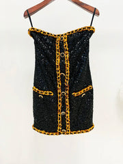 Black Sequin Gold Chain Strapless Mini Dress